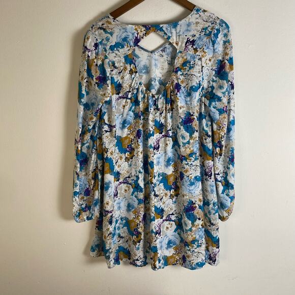 Umgee Sz S Floral Mini Dress Blue Purple Gold Boho Cottagecore Peasant Bohemian - Picture 7 of 11